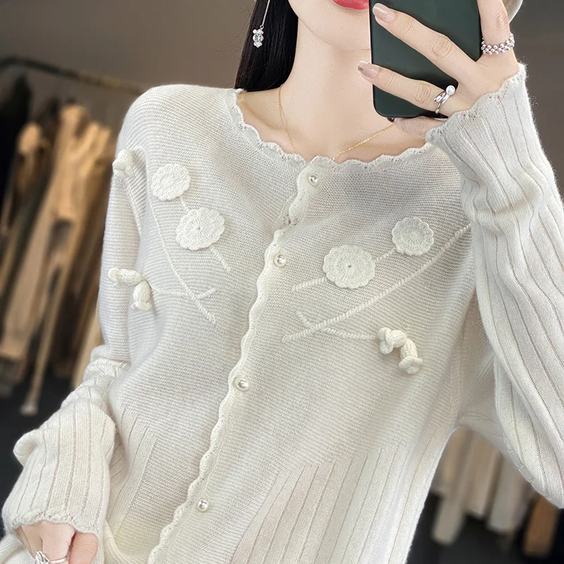 Women\'s Cardigan Autumn/Winter 100% Pure Wool Sweater Casual Knitted Sweater Round Neck Loose Tops All-match Applique Blouse