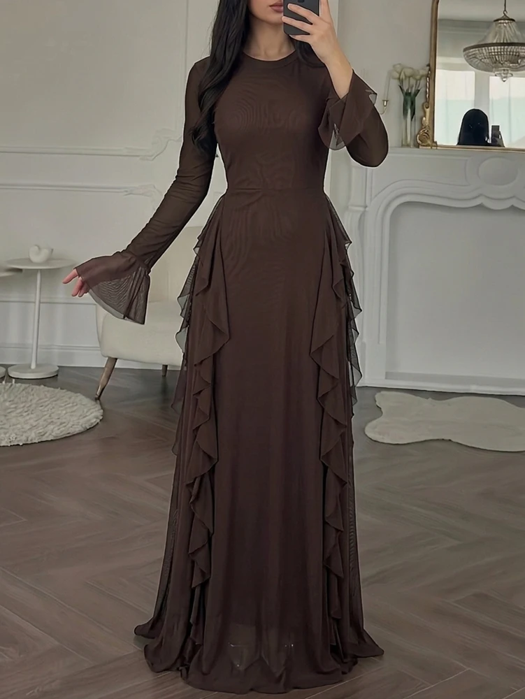 Women's Solid-Color Bell-Sleeve Maxi Dress, Perfect for Spring and Fall; Fitted Waist for a Slimming Effect
