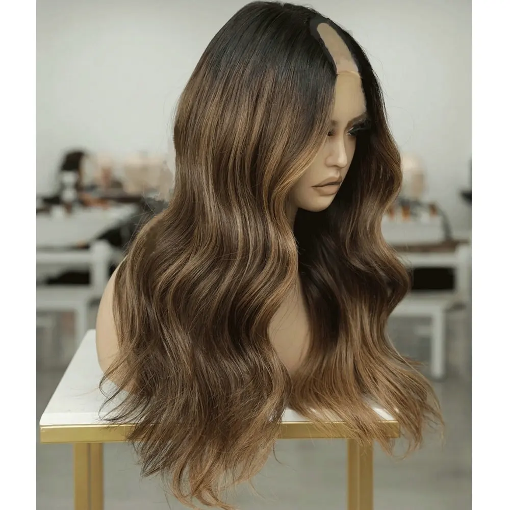 

Dark Roots Balayage 100% Human Hair 1*4 V Part Wig Loose Wave Honey Blonde Highlights Glueless U Shaped Wigs for Women Daily Use