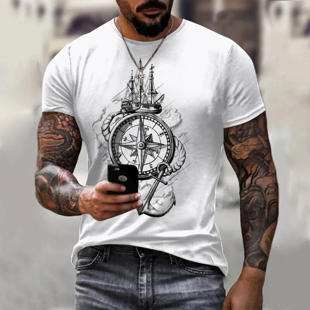 Vintage Men\'s T-shirt Summer Short Sleeve O-neck 3D Anchors Print Top Tee Shirt Oversized Men\'s Clothing Casual Streetwear