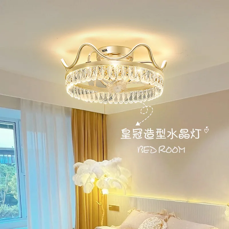 Crown crystal ceiling shaking head fan lamp modern simple bedroom princess room fan light luxury living room fan lamp