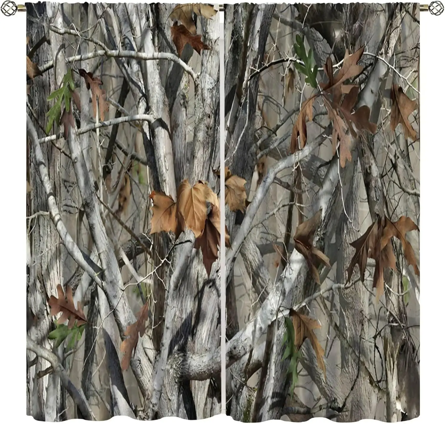 Forest Oak Camo Hunting Curtains, Mossy Tree Branch Cabin Print Drapes for Lodge Bedroom Window Home Decor