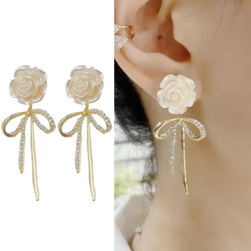 925 Silver Needle Korean Fashion Camellia Flower Earrings For Women Jewelry 2024 Trending New Women's Crystal Bow Drop Earrings