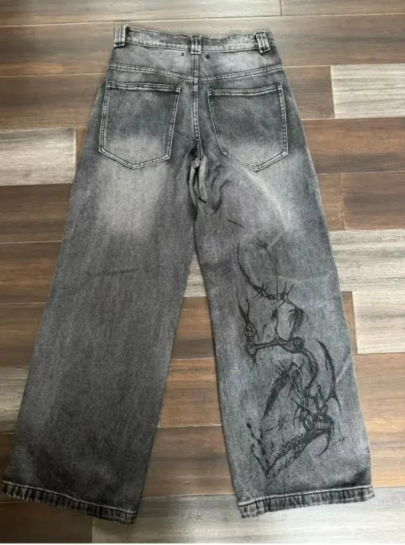 

Retro American Waed Print Men's Jeans Loose Wide Leg Straight Tube Long Cool Street Faion mid Waist Cotton Denim
