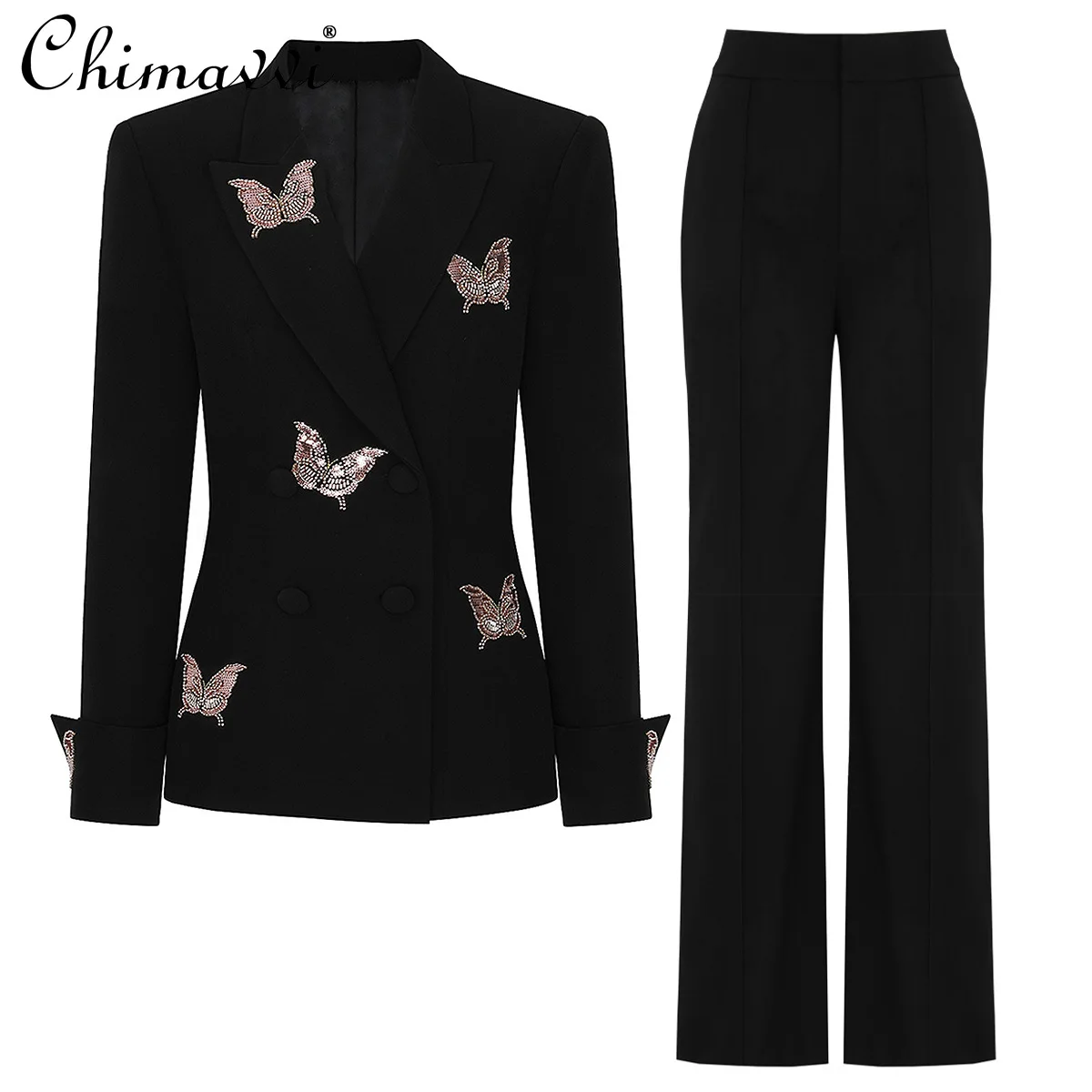 

Spring and Autumn New Heavy Beaded Suit Two-Piece Set Fashionable Commuting Elegant Women's Blazer Jacket Long Pants Shorts Set