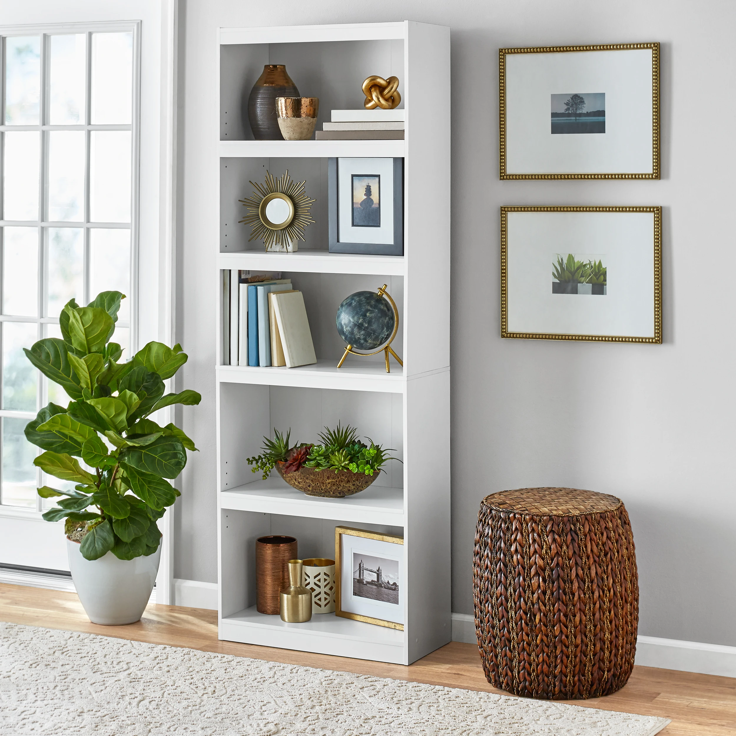 

Framed 5-Shelf Stylish Bookcase, For Books, Artwork, Important Papers, Office Furniture (US Stock)