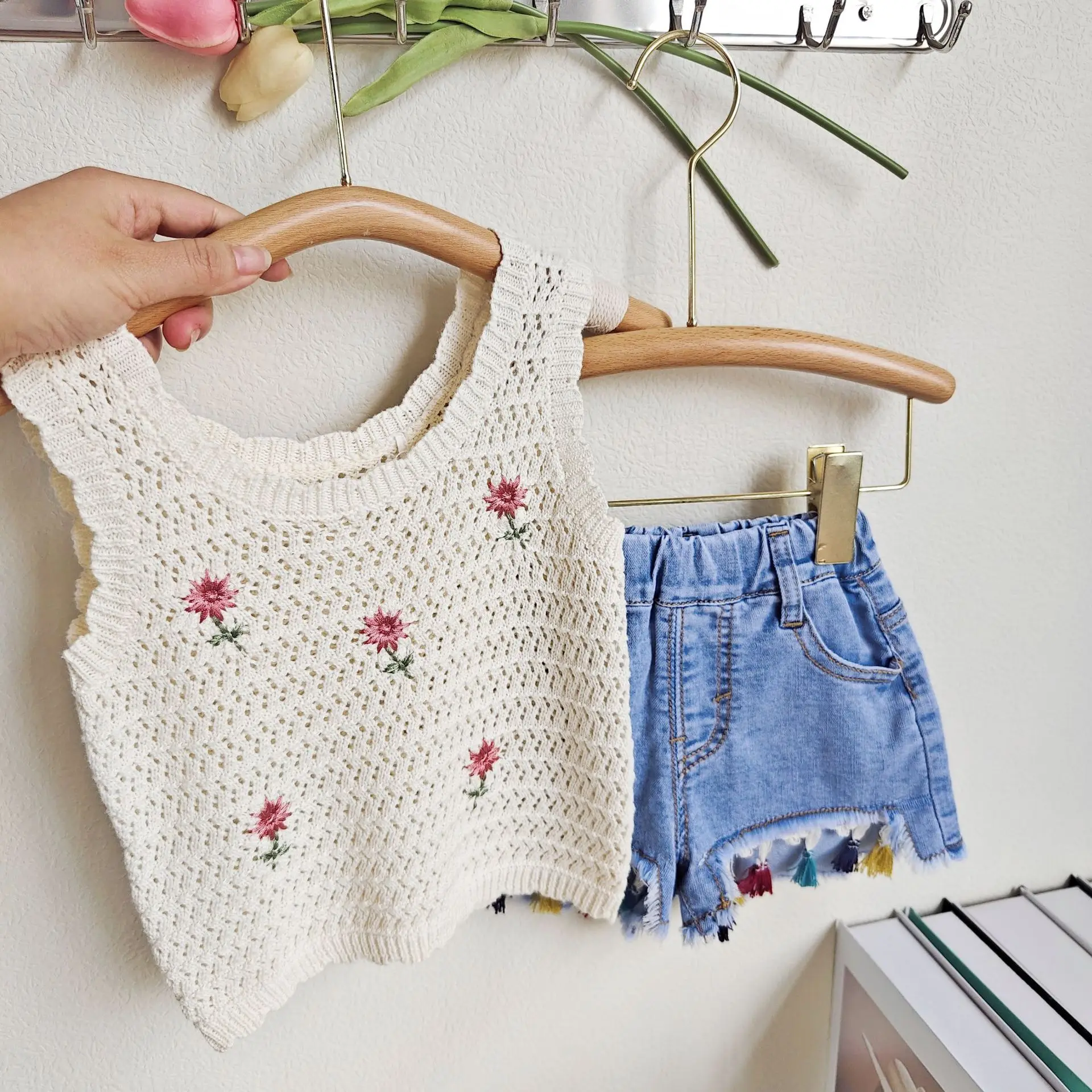 2023 Summer Girls\' Clothing Sets Cute Flower Knitted Tank Top+Fashion Street Style Tassel Denim Shorts Baby Kids Two Piece Set