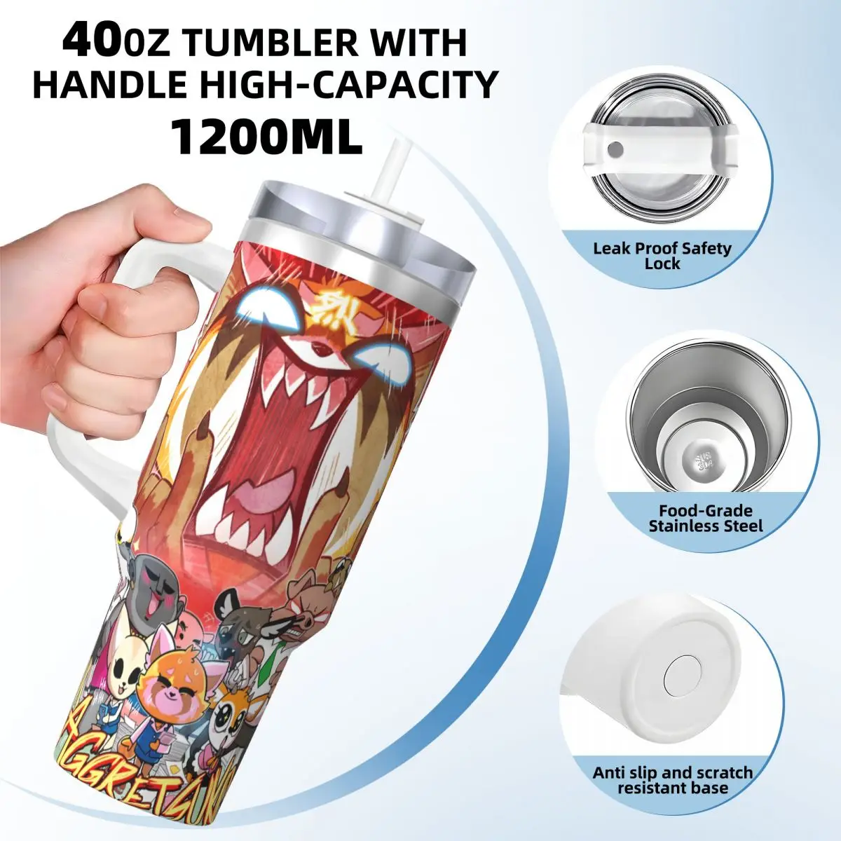 Stainless Steel Tumbler Sanrio Aggretsuko Mugs Cup With Straw Beach Cold and Hot Water Bottle Heat Preservation 40oz Thermal Mug