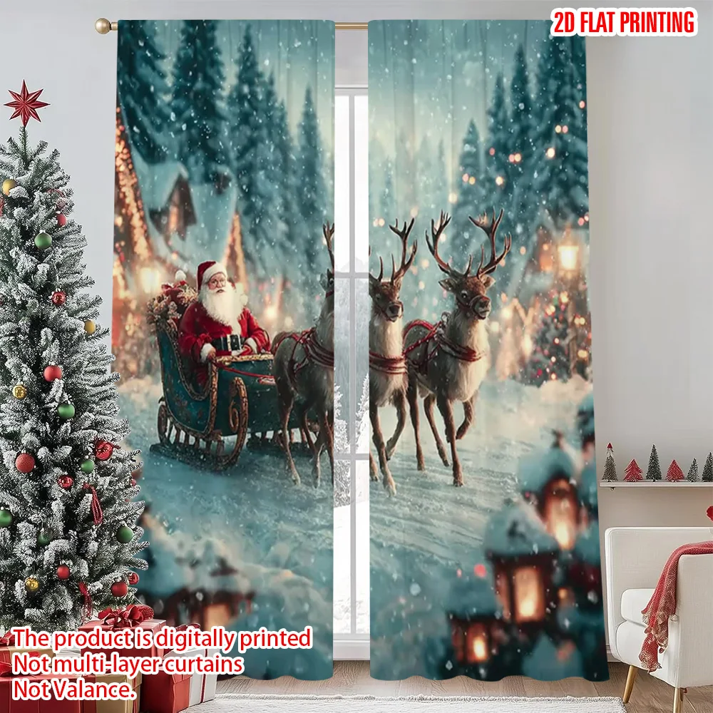 

2pcs 2D flat printing Merry Christmas Popular Curtains Christmas sleigh Versatile Durable Polyester Without Electricity Holiday