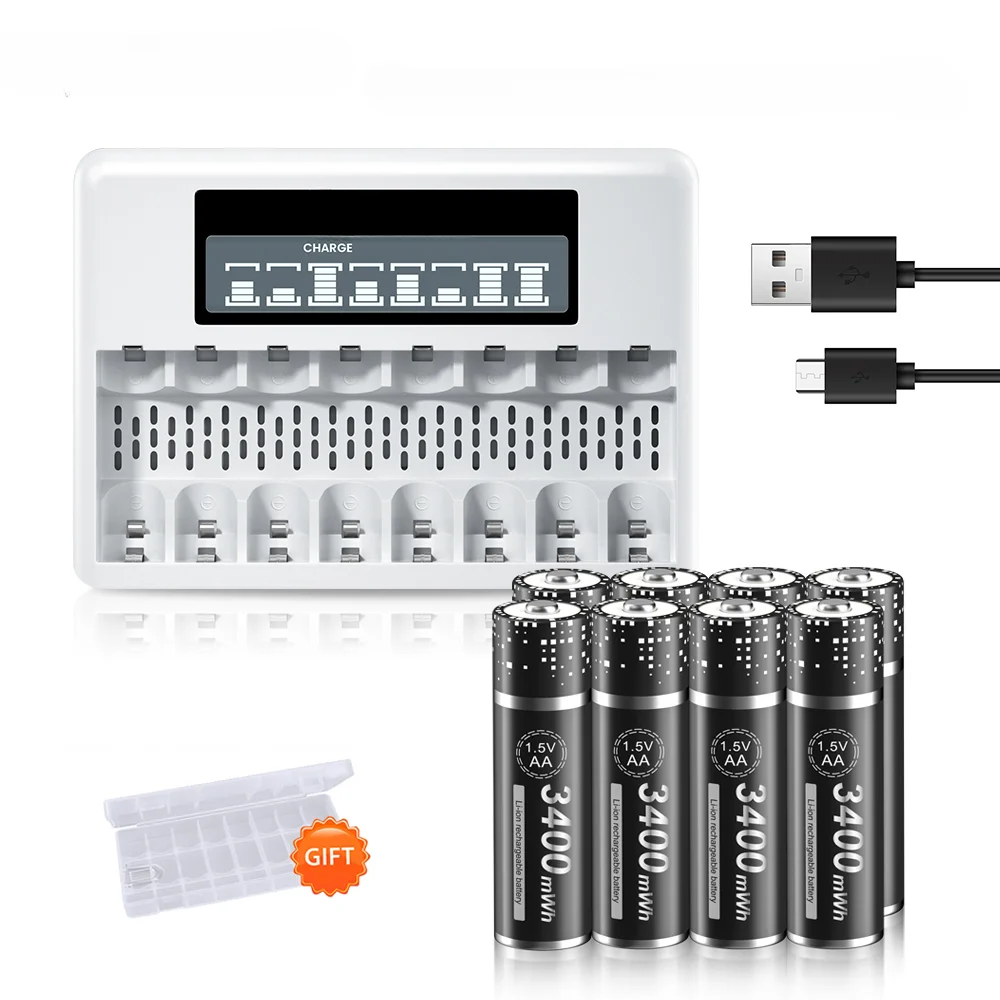 Li-ion Rechargeable Battery AA Lithium Battery R6 Batteries with 8 Slots LCD Smart Charger High Capacity 3400mWh 1.5V AA