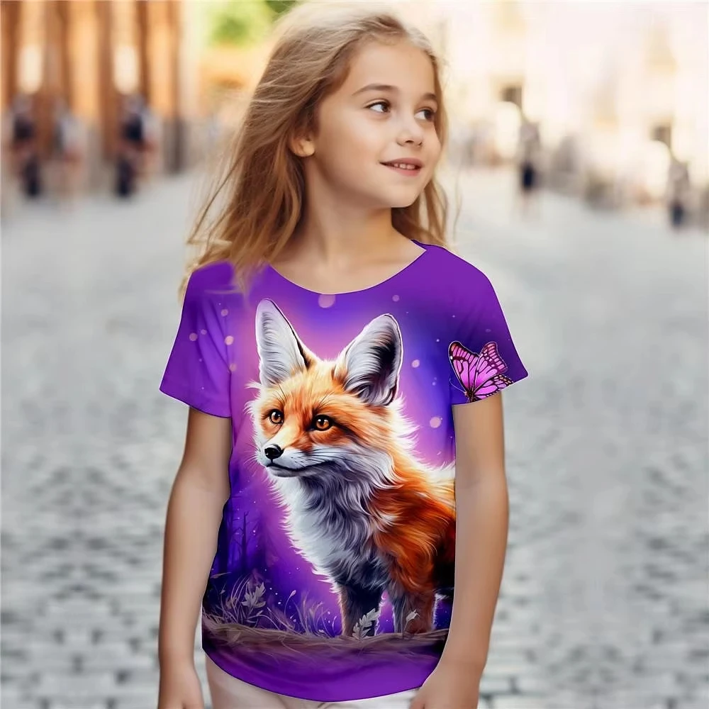 Weibliche Kind Kleidung Drucken Tier Fuchs Cartoon Rundhals Kurzen Ärmeln Grafik T Shirts Sommer Mode Outdoor T-Shirt für Mädchen – Detail 9