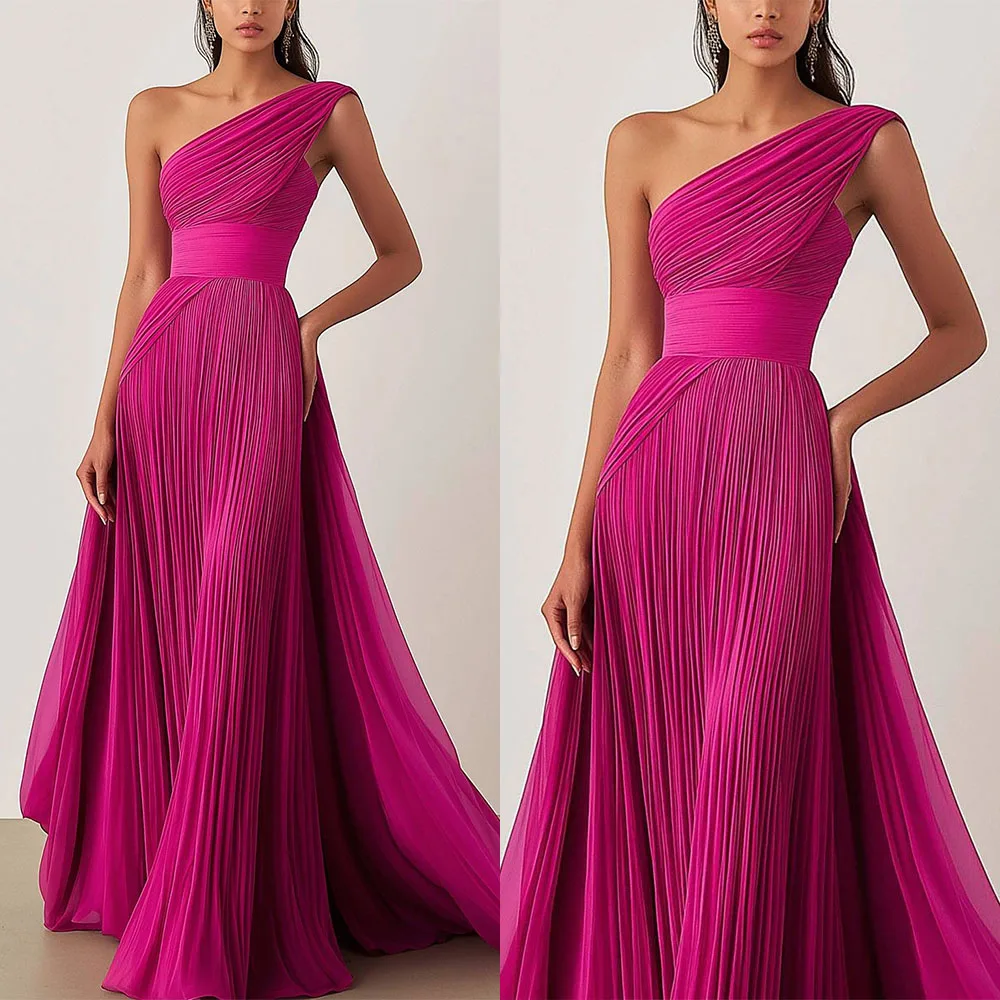 

High Quality Customized One Shoulder Floor Length Sleeveless Pleat Woman Abiti Eleganti Donna Da Cerimonia Lungo Prom Dress Robe