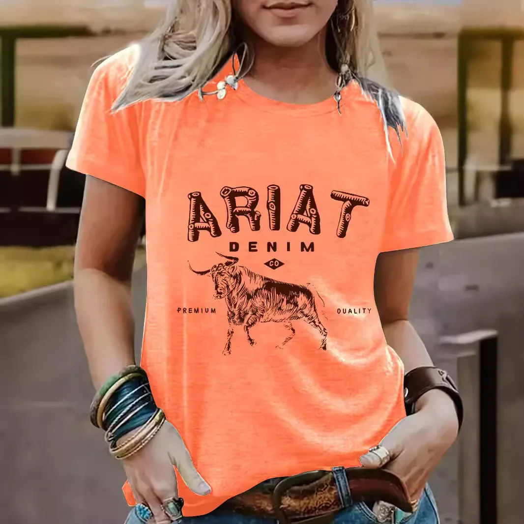 أمازون أوروبا الصيف الملابس النسائية نمط ARIAT جولة الرقبة قصيرة الأكمام عارضة المألوف تصدير أفضل بائع تي شيرت #4