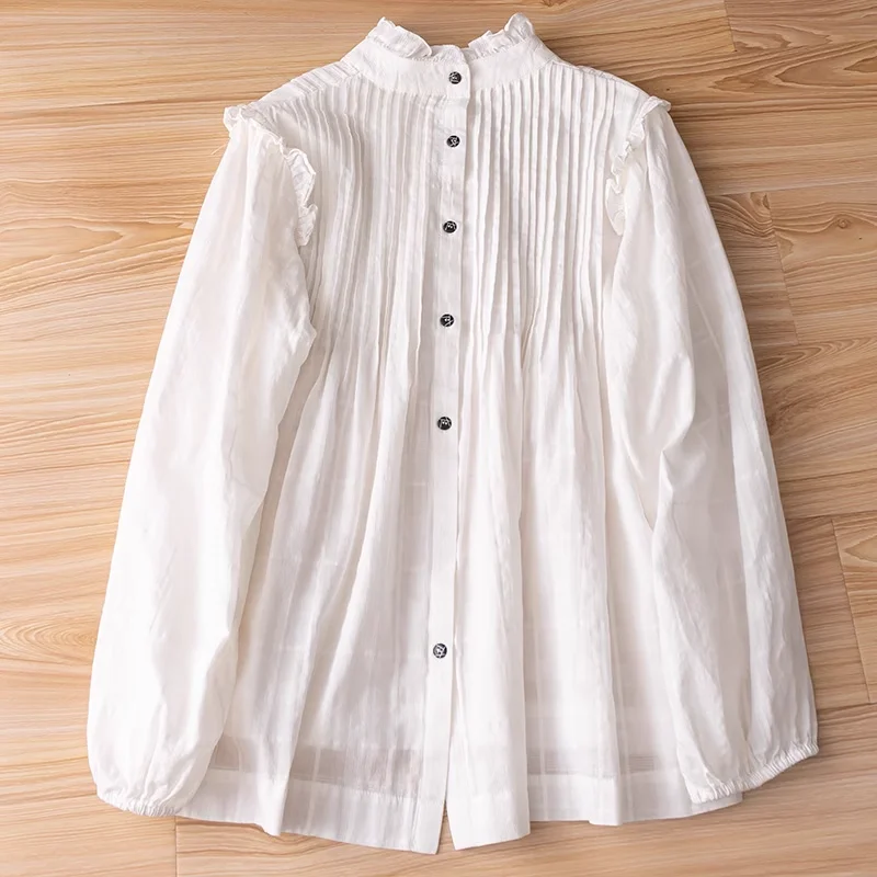 Back Split White Shirt Women Korean Fashion Long Sleeve Shirts 100% Cotton Solid Pleated Shirts Ladies Tops Wear to Work