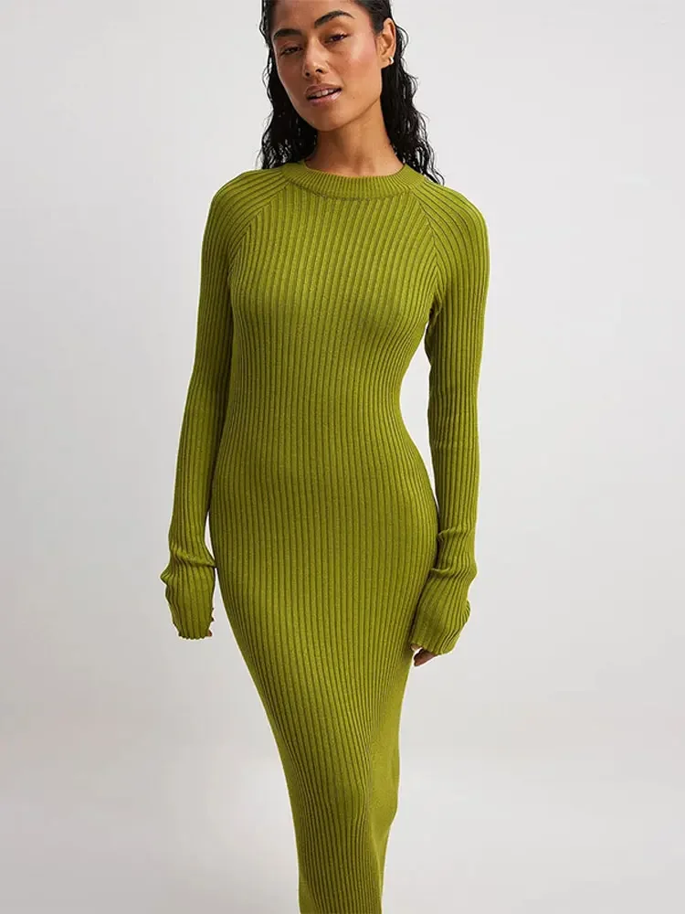 Ximina Women Ribbed Knitted Maxi Dress Female Elegant O-Neck Long Sleeve Bodycon Greed Dresses 2024 Spring Ladies Commuting Robe