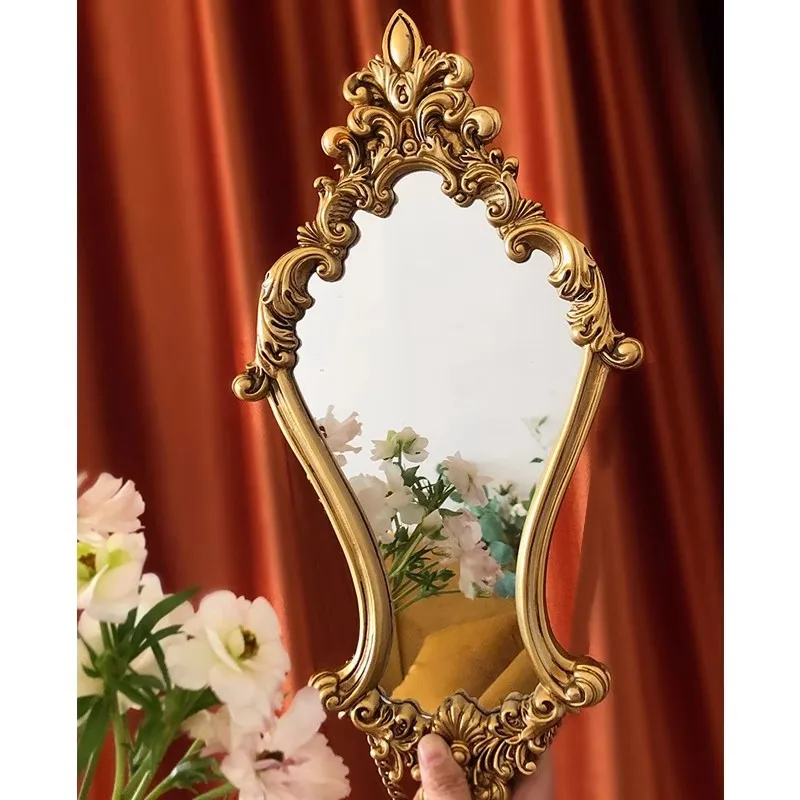 Retro carved beauty mirror, mid-century light luxury wall-mounted European mirror, makeup mirror combination decorative painting