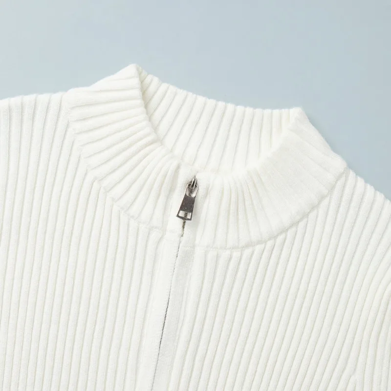 Doppelter Reißverschluss, solide, gerippte Strickjacken für Damen, O-Ausschnitt, lange Ärmel, schmaler lässiger Pullover, Jacken, 2025, Herbst-Winter, Caots