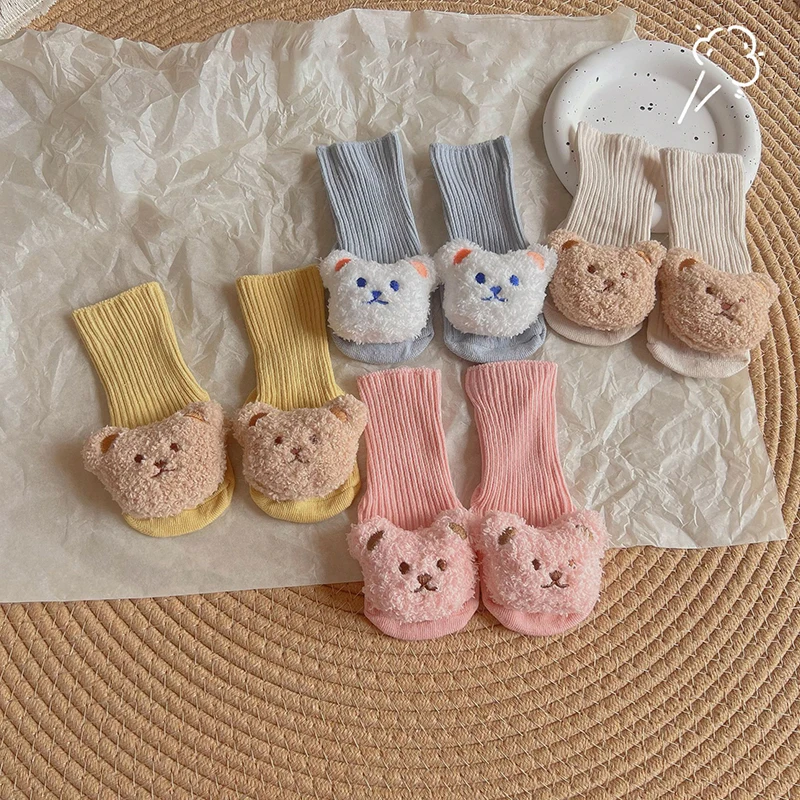 Bear Doll Baby Socks Korean Toddler Middle Tube Sock Solid Color Cotton Breathable Boy Girl Infant Sokken Cartoon Newborn Sox