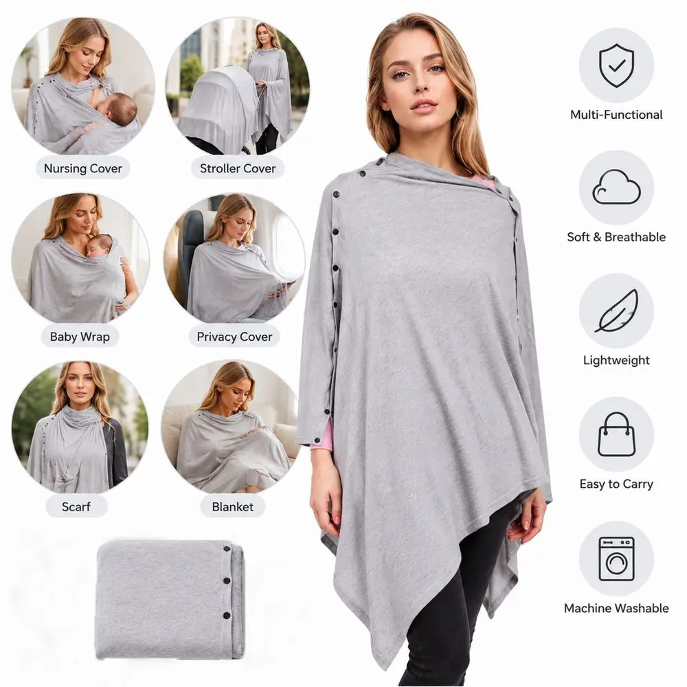Soft Stretch Fabric Nursing Cover Breathable Button Closure Breastfeeding Poncho Asymmetric Hem Machine Washable