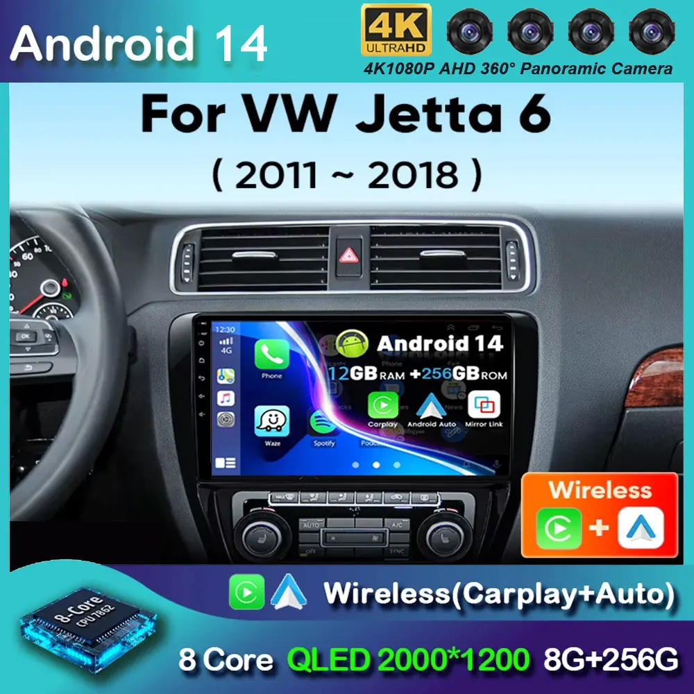 

Автомобильный радиоприемник Android 14 для Volkswagen VW Jetta 6 MK6, беспроводной Carplay, автомультимедийный плеер, автомобильная стереосистема 48EQ GPS DSP 2 Din