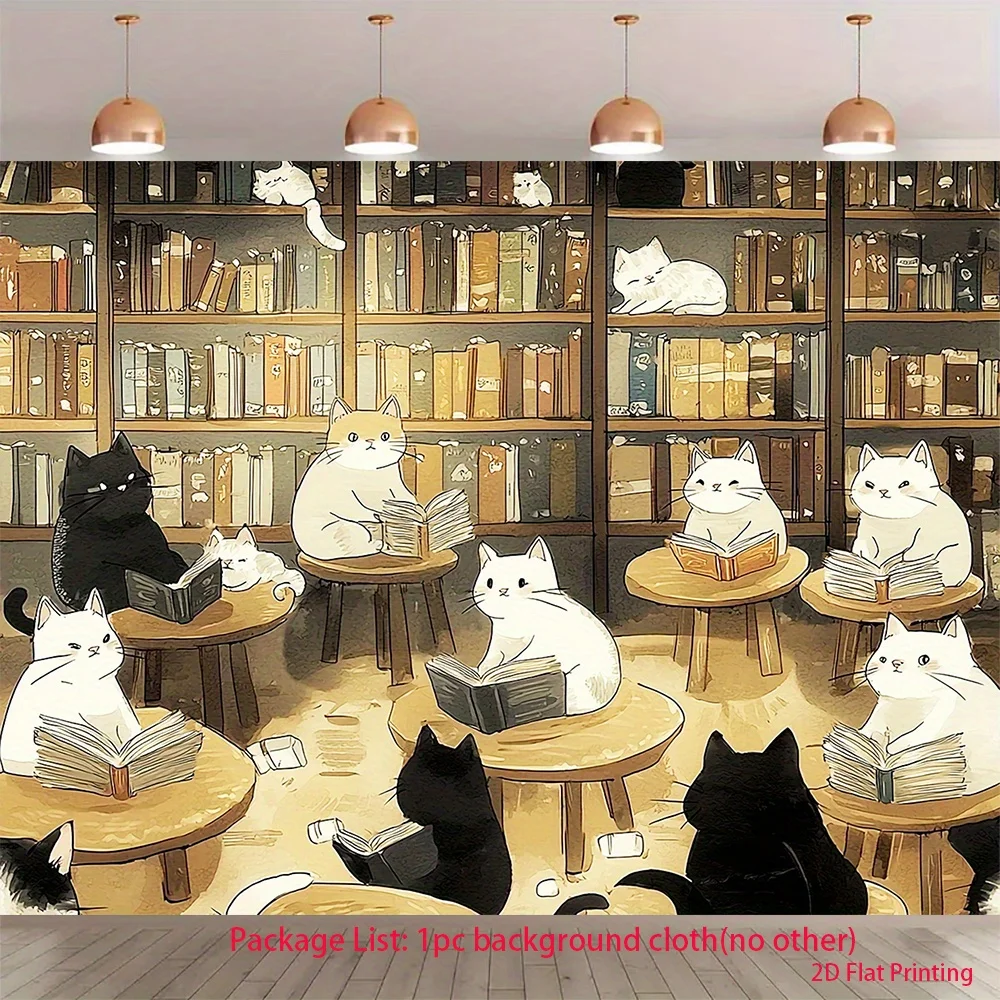 Cat Library Tapestry - Reading Cats in Bookstore, Cozy Bookshelf Scene, Cartoon Wall Art, Polyester, Multiple Sizes