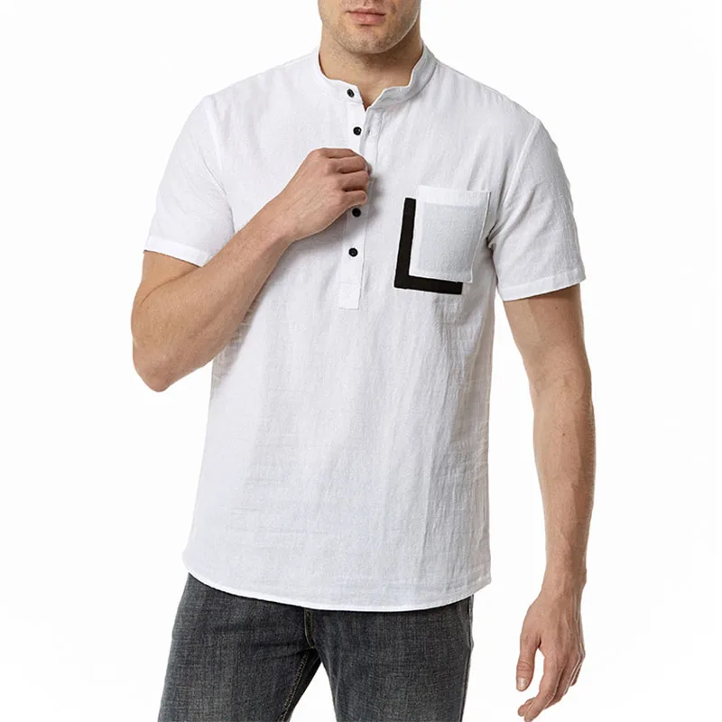 White Block Color Pocket Henley Shirt Men 2023 Brand Cotton Linen Short Sleeve T Shirt Men Streetwear Daily Casual Tops Tees XXL