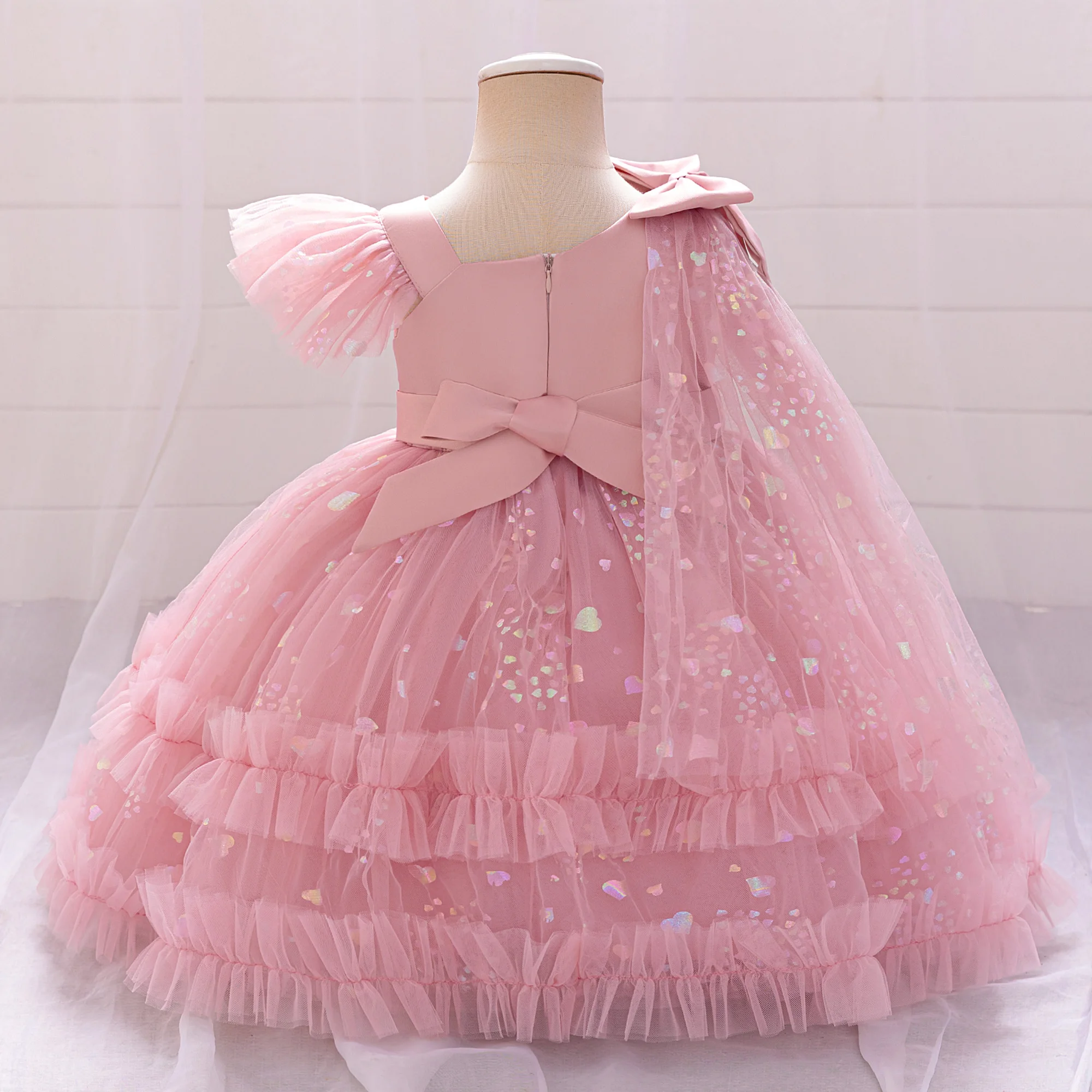 Baby Girls Sequin Bow Birthday Baptism Dress Party Dresses For Toddler Kids Pink Lace Evening Gown Children Fashion Summer Wear