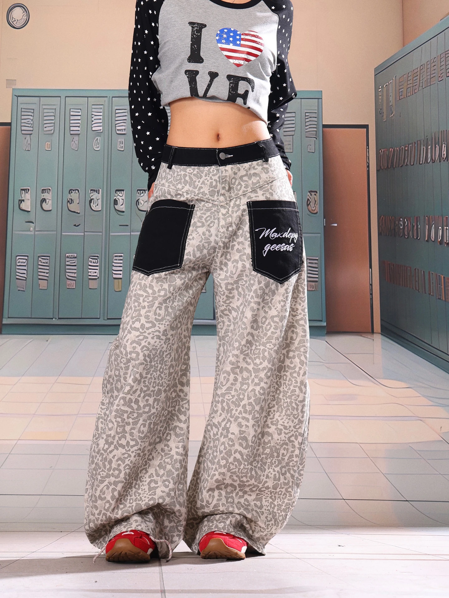 

Американские женские джинсы свободного кроя с леопардовым принтом и контрастными вставками, светло-голубые, весна 2026, винтажные, с эффектом потертости