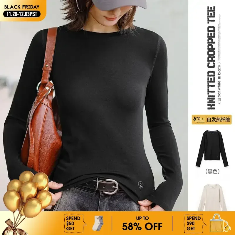 Maden Women’s Thermal Top Crew Knit Long Sleeve Underwear Shirt Slim Fit Inner Wear Warm T-shirt Autumn Winter Female Inner