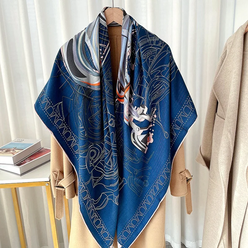 Horse Printed Wool Blanket Scarf Shawl Cape 2024 Spring Womens Wool Scarves Foulard Echarpe 130x130cm