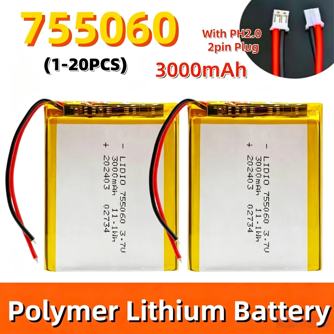 3000mAh 755060 Lipo 3.7V Battery Rechargeable Li-Polymer Batteries for Mobile Power Toys Tablet PCs Laptops Beauty Instruments