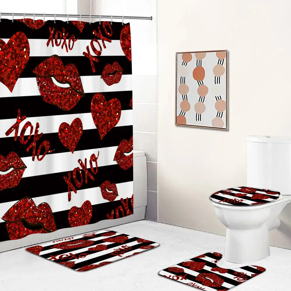 Kiss Love Shower Curtain Set Panther Sexy Lip Print Romantic Bathroom Decor Woman Girl Home Carpet Bathtub Mat Toilet Lid Cover