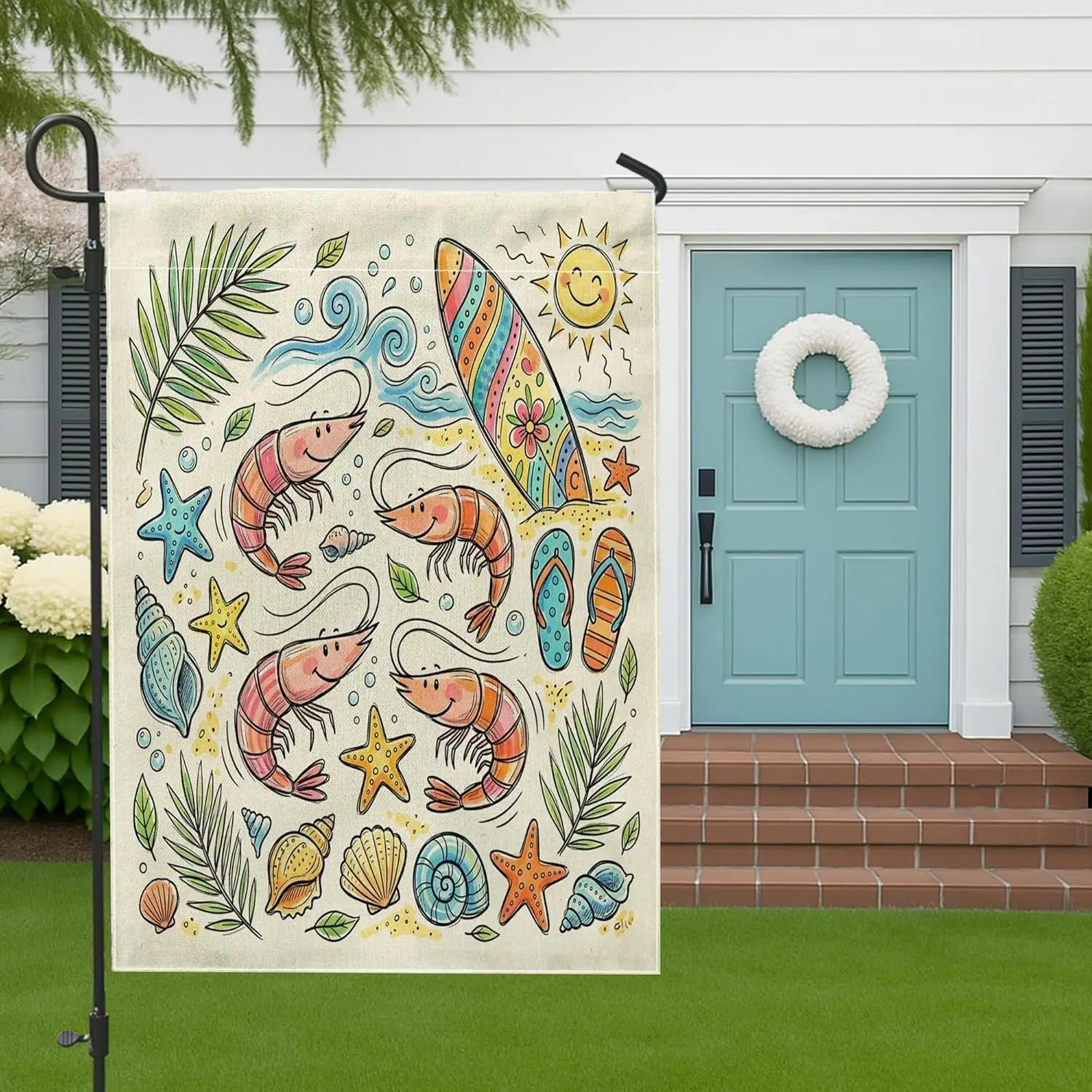 Cute Shrimps Front Yard Backyard Burlap Garden Flags 12x18 Double Sided for Outdoor, Cartoon Coastal Beach Seaside Shells Sm AAS