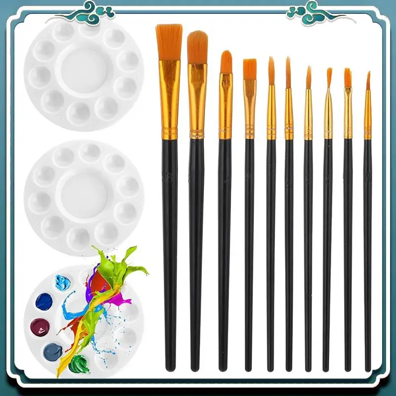 Easy To Use Paint Brush Palette Set 10 Pieces Nylon Craft Acrylic Paint Brushes 3 Pieces Round Paint Tray Palette For Painting