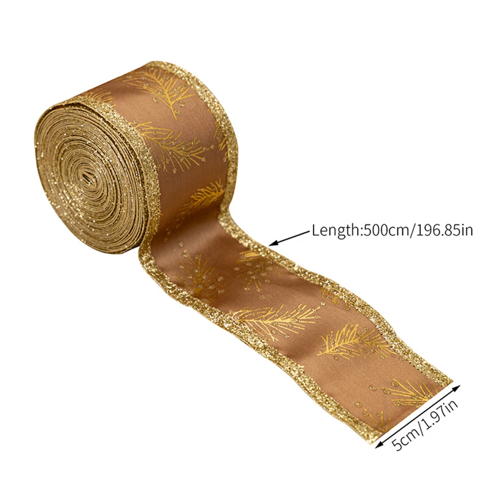 Christmas Wired Ribbons Delicate Gold Leaves Pattern Ribbons Gift Wrap Bow Handmade DIY Craft Christmas Wedding Party Decoration