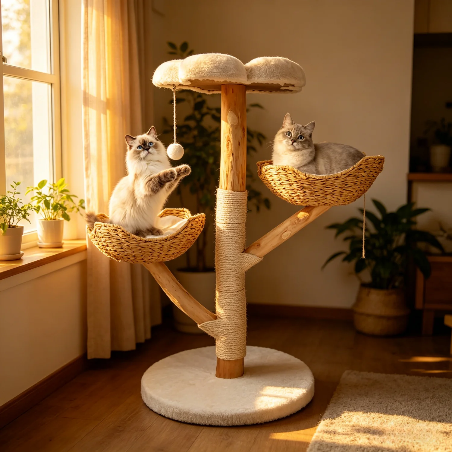 111CM Tall Cat Tree Activity Tower with Plush Cushion and Toy Ball Sisal Scratching Post Kitten Condo Play House for Indoor