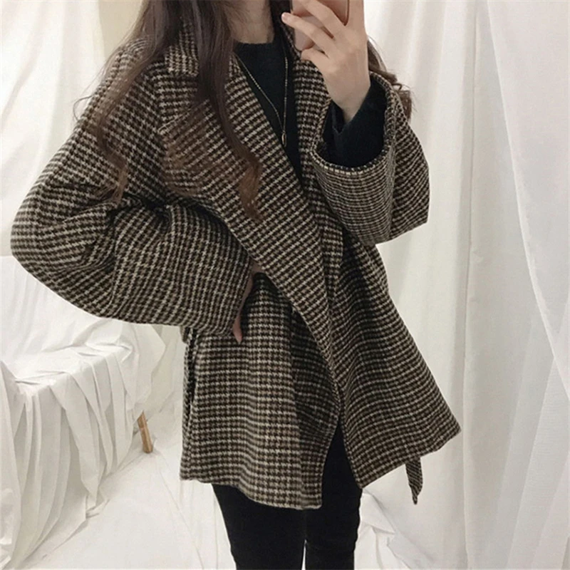 Mulheres outono inverno misturas casacos xadrez vintage solto elegante estilo de escritório senhoras rendas outwear gracioso all-match maduro mujer