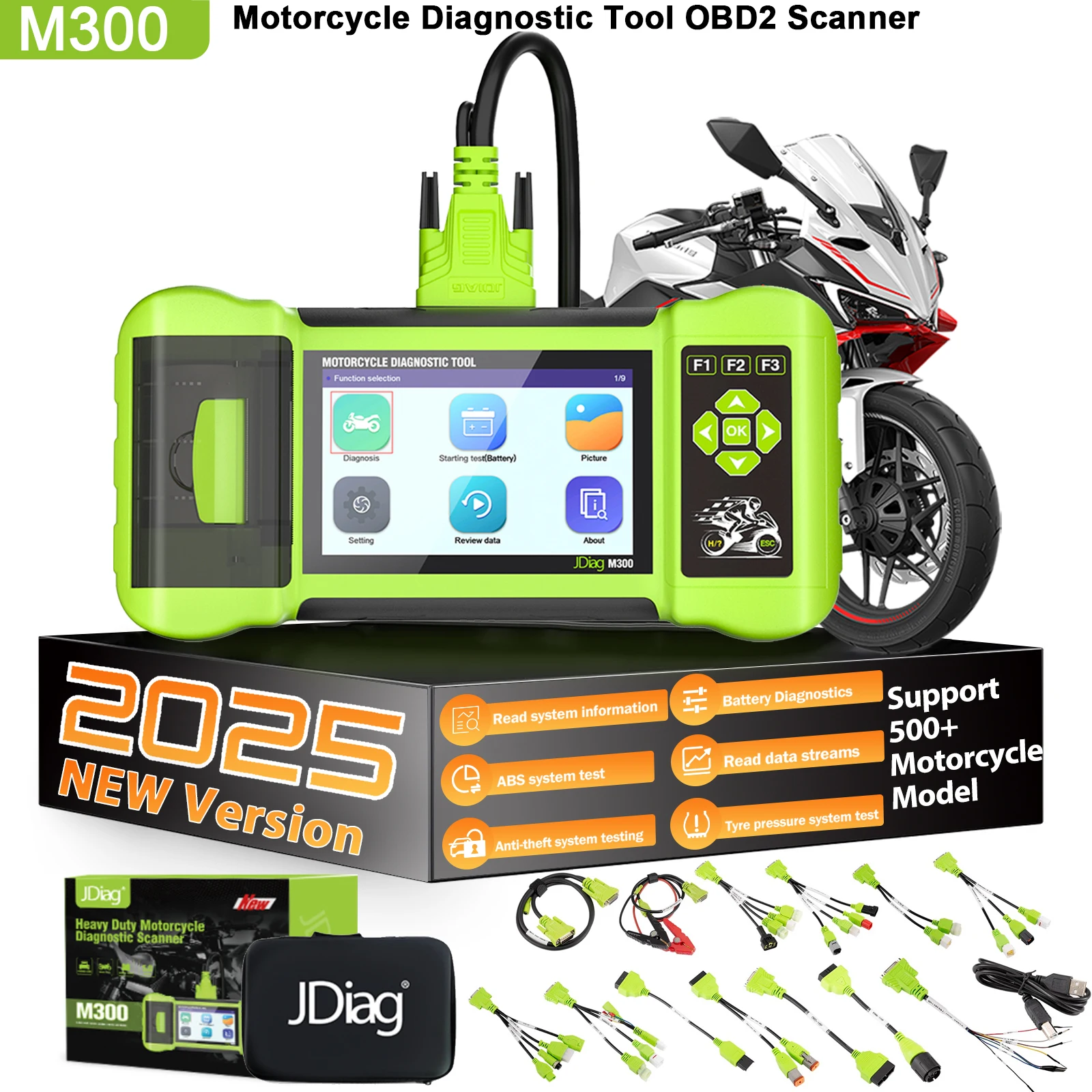 

2025 JDiag M300 OBD2 Scanner Motorcycle Diagnostic Tool ABS Engine Compatibility for BMW Yamaha Harley Honda Ducati