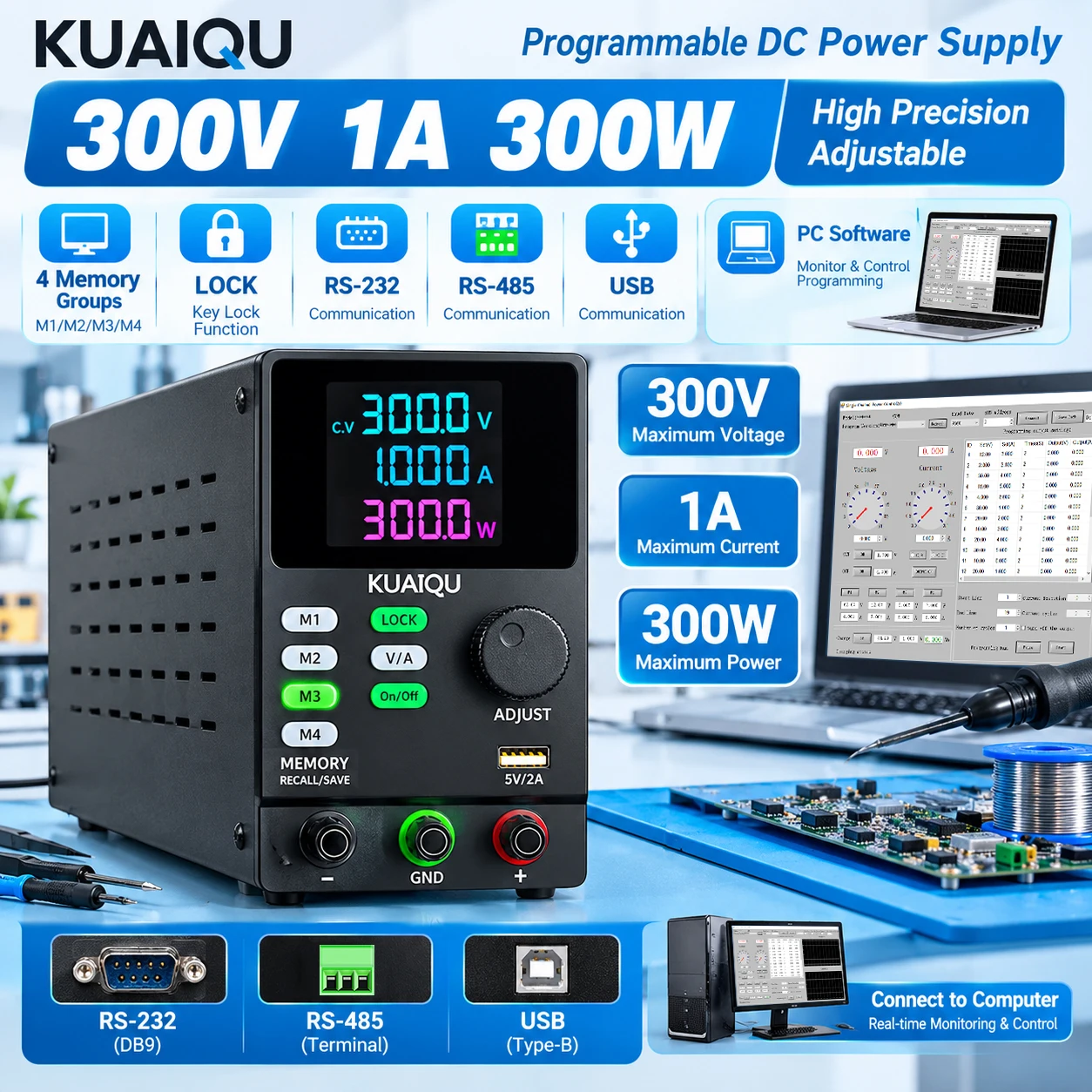 Switching Dc Power Supply 300V 1A - KUAIQU 300V 1A 300W programmeerbare DC-voeding,