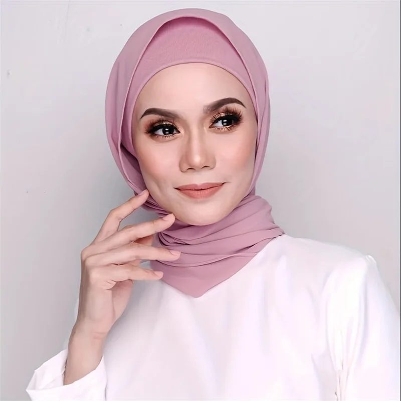 Hijab Assressentien Mousseline de Soie pour Femme Musulmane, Écharpe, Châle de Protection Solaire Solide et Bonnet de Base, 2 Pièces/Ensemble