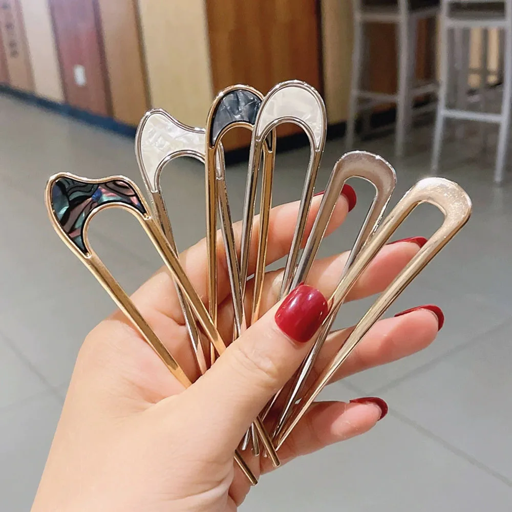 الأزياء الفاخرة مقاطع الشعر الفضة الذهب إكسسوارات الشعر أنيقة المينا دبوس الشعر للنساء المعادن U شكل الشعر عصا سبيكة حلية