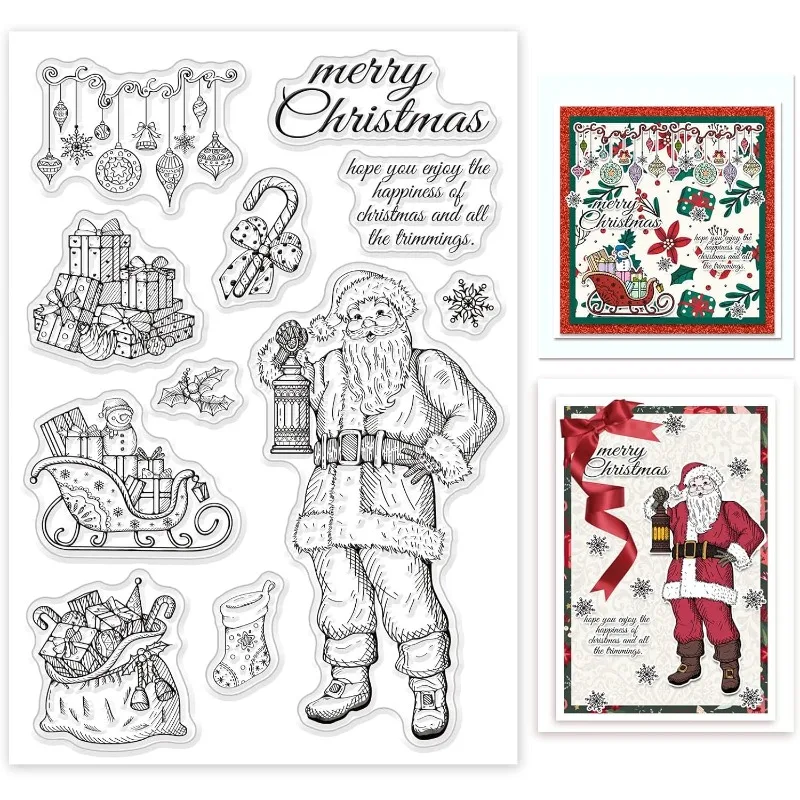 1Sheet Christmas Theme Clear Stamp Christmas Santa Gifts Bags Silicone Clear Stamp Christmas Stick Sleigh Lights Gifts Rubber