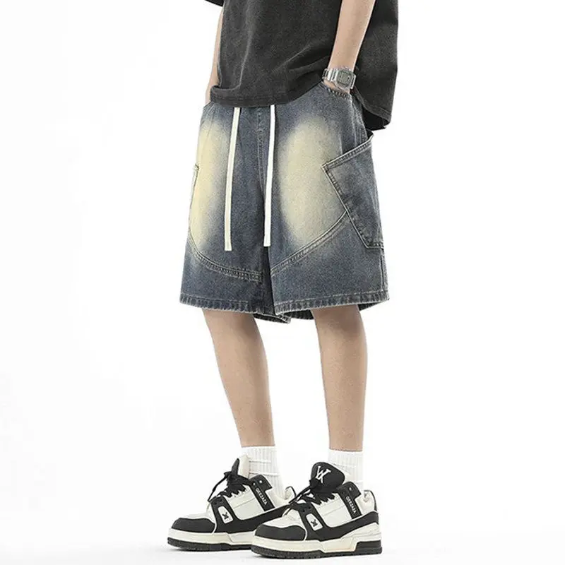 

Уличные синие джинсовые шорты для мужчин, летние эластичные шорты с высокой талией и шнурком, модные повседневные американские прямые спортивные брюки