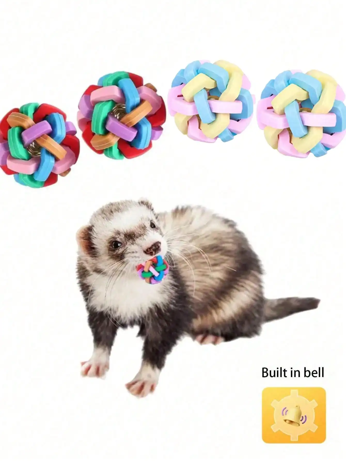 2 juguetes para hurones con campana incorporada - Pelota masticable colorida y chirriante para mascotas, pelota de goma elástica con diseño de anillo entrelazado y campana interna - Juguete para la salud dental y el ejercicio para hurones, perros y gatos - Juguete para masticar para la dentición y juegos en interiores - Apto para F
