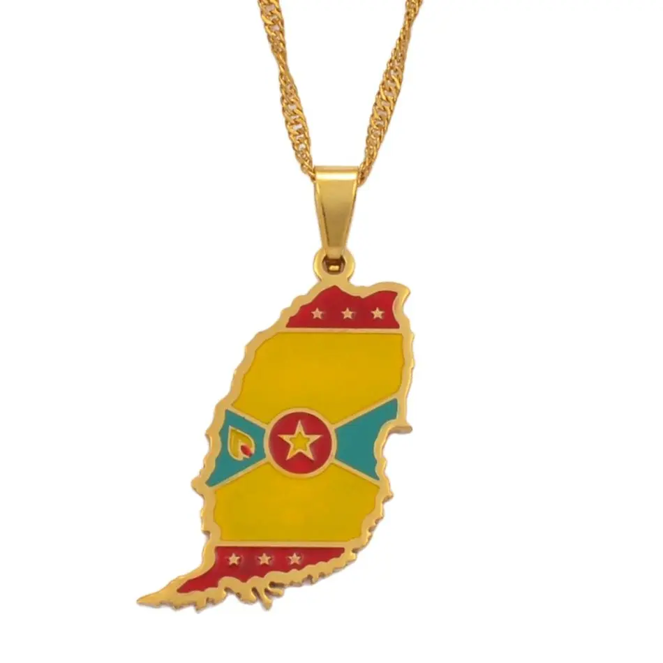 Anniyo Grenada Island Map Flag Pendant and Water-Wave Necklaces Caribbean Sea Jewelry @098821