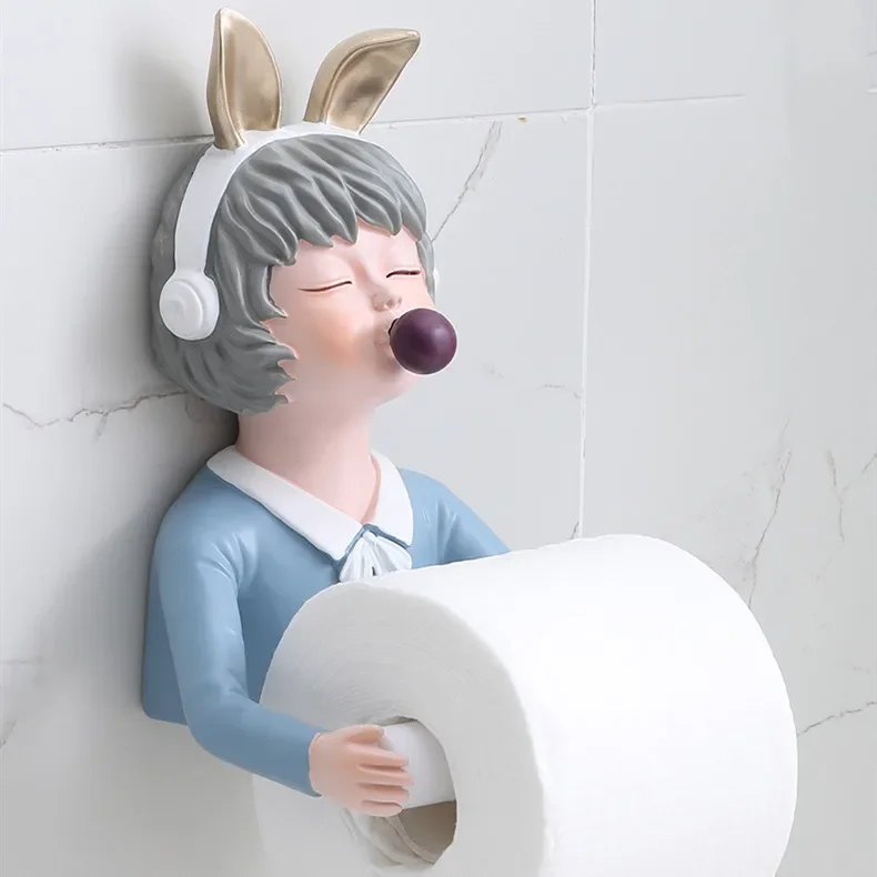 Resin Wall-mounted Paper Towel Tube Girl Blowing Bubbles Napkin Holder Decorative Crafts Bear Deer Dog Storage Rack