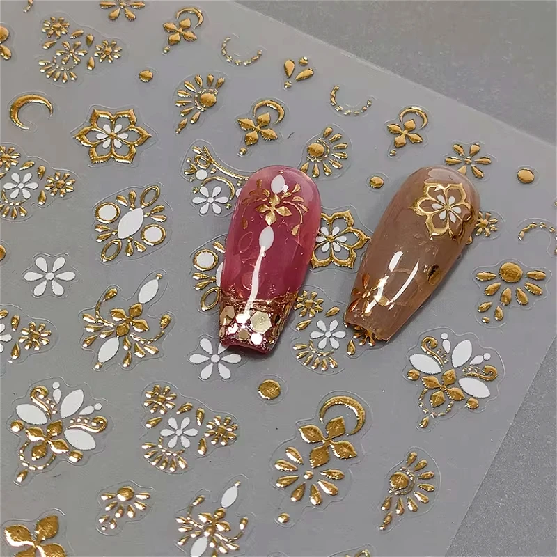 

Delicate Hot Stamping Flowers Pattern Moon Bohemia Gold Totems Hipster Nail Art Stickers Noble Heart Stars Charm Manicure Decals