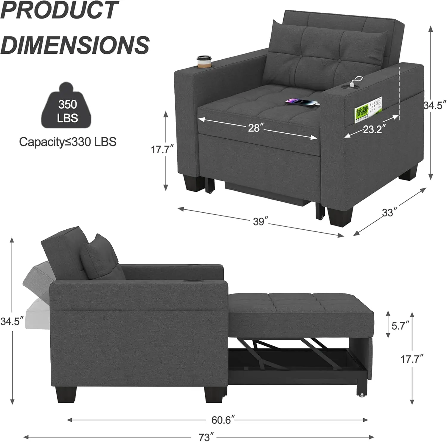 39 Inch Sleeper Chair 3-in-1 Convertible Chair Bed Pull Out Sleeper Chair Beds Adjustable Single Armchair Sofa Bed, Cup Holder