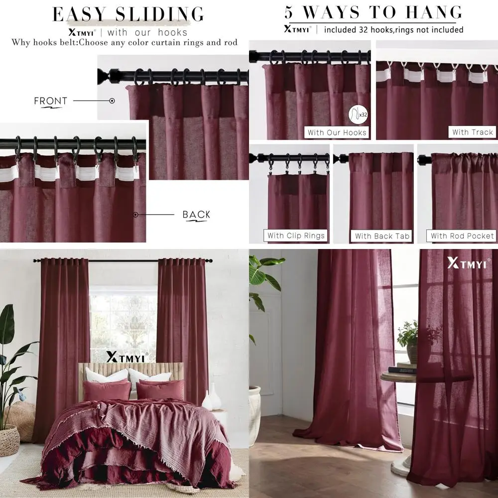 Cortinas semitransparentes estilo lino vino tinto, 108x50, 4 opciones colgantes, juego de 2 para sala de estar y decoración navideña