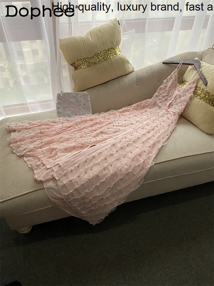 Hot Rhinestone French V-neck Strap Women Sexy Backless Pink Gentle Seaside Vacation Maxi Dress 2023 Spring Summer Vestidos